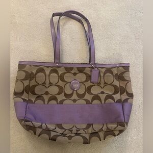Coach Brown Signature Canvas Diaper Bag Tote with Lavender Trim